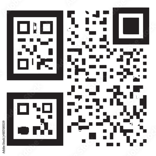 Close up of multiple QR codes arranged in a grid, showcasing black and white square patterns.