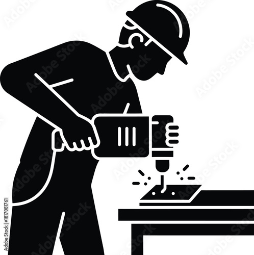 Contractor drilling a hole with a power tool, silhouette vector