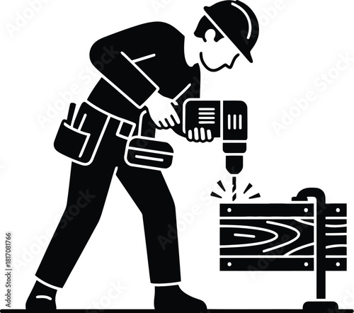 Contractor drilling a hole with a power tool, silhouette vector