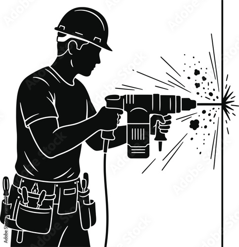 Contractor drilling a hole in a wall silhouette vector