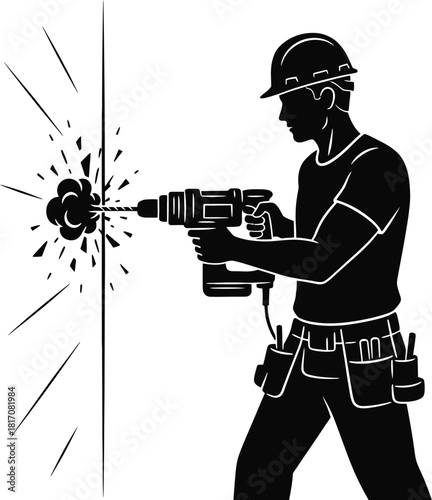Contractor drilling a hole in a wall silhouette vector