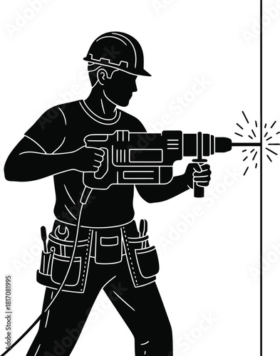 Contractor drilling a hole in a wall silhouette vector