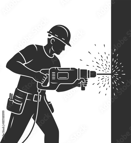 Contractor drilling a hole in a wall silhouette vector