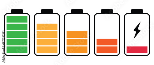 Battery icon set. Battery charge level indicators showing full to low sign. Web site page and mobile app design. Vector illustration.