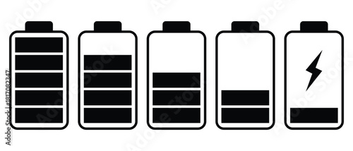 Battery icon set. Silhouette of battery charge level indicators showing full to empty sign. Web site page and mobile app design. Vector illustration.