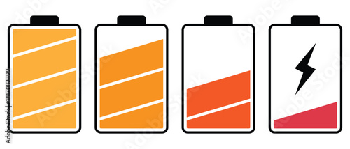 Battery icon set. Four battery charge level indicators showing full to low sign. Battery sign for web site page and mobile app design. Vector illustration. eps 10