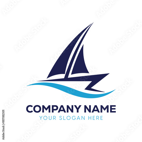 Sophisticated modern navy and azure blue vector logo featuring a dynamic sailboat sailing on a sleek water wave