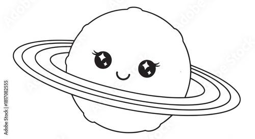 Cute Cartoon Planet with Rings and a Smile Floating in Space.