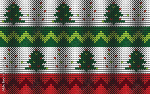 Christmas knit up border pattern with festive tree motifs and red accents provides a seamless winter holiday design for textile or graphic use. This traditional scandinavian vector illustration