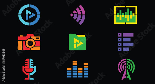 Vibrant multimedia icons set for digital content creation and creative projects background