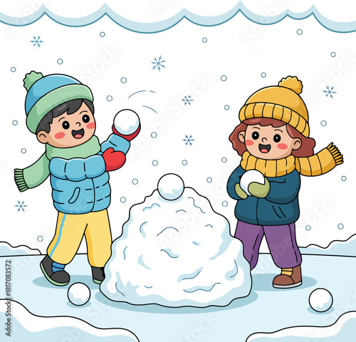 Kids playing snowball fight in winter cartoon illustration of fun activity