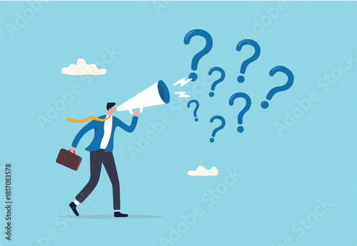 Ask questions to get answer for solving problem, ask for solution or curiosity, request explanation to solve issue or trouble concept, businessman ask questions on megaphone with lot of question mark.