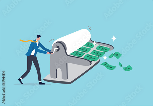 Printing money, quantitative easing policy by countries central bank or FED, federal reserve to stimulate economics concept, businessman central bank man rolling money printer to print money banknotes