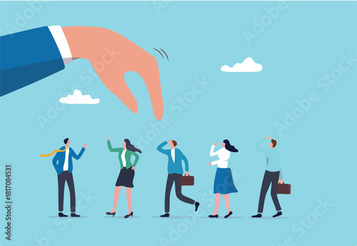 Choosing candidate for job vacancy, human resources or manager pick success candidate, searching for success people concept, giant businessman hand HR pick up winner from group of job candidate.