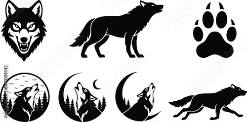 Wolf illustrations featuring various designs including howling wolf, paw print, and wolf head in striking black silhouette 