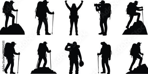 Hiking silhouettes depicting various outdoor activities and achievements in natures beauty 