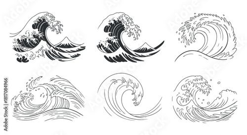 Japanese great ocean sea wave drawing set
