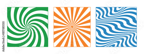 Set of three optical illusion art vector patterns in green orange and blue