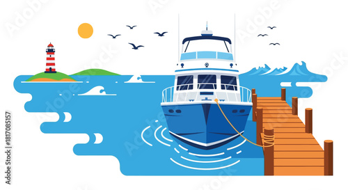 A vibrant illustration of a yacht lighthouse and tranquil ocean scene