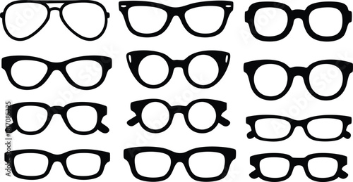 Various styles of eyeglasses in black silhouette design for artistic purposes and fashion applications 