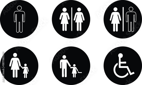Signage icons for gender, family, and accessibility in public spaces for inclusive design 
