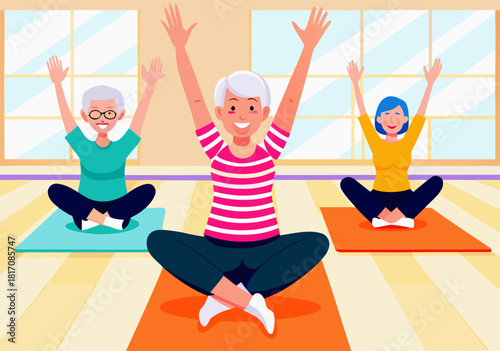 Joyful Seniors Practicing Yoga Together in Studio
