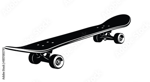Simple black and white illustration of a classic skateboard design