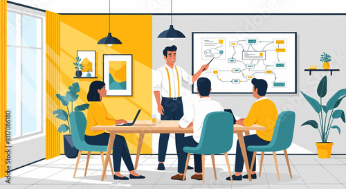 Business Meeting With Presentation And Flowchart In Office Environment