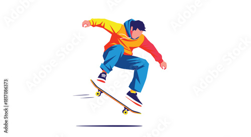 Dynamic illustration of a young man performing a trick on a skateboard