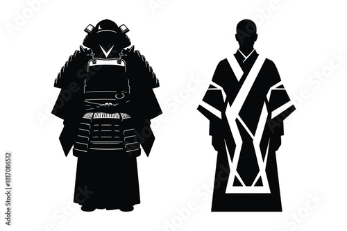 Silhouettes of samurai armor and traditional japanese kimono
