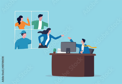 Hybrid work employee choice to remote work from home or come to office, flexible workplace for productivity concept, businessman sitting in office talk in conference call with people work from home.