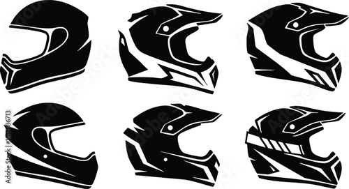 Motorcycle helmet designs showcasing various styles and angles for racing enthusiasts and graphic artists 