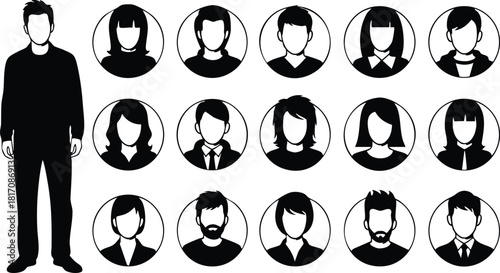 Diverse silhouettes of people showcasing various hairstyles and outfits in a modern vector illustration style 
