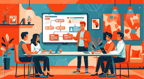 Business Team Discussing Flowchart Presentation In Modern Office Setting