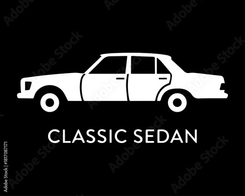 White Classic Sedan Car Silhouette on Black Background: Vintage Automobile Vector Icon, Retro Luxury Vehicle Graphic, Simple Transport Logo for Apparel and Decals