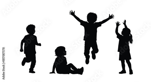 Silhouettes of children playing and jumping with joyful energy