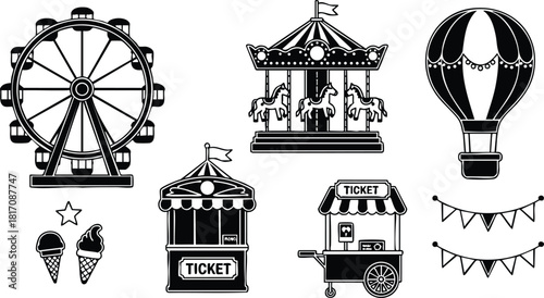 Carnival attractions including ferris wheel, carousel, hot air balloon, and ticket booth in a playful monochrome design 