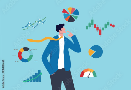Businessman financial data analysis, economic and growth diagram, stock market exchange data, investment analysis, growth earning income concept, businessman thinking with data chart and graph.