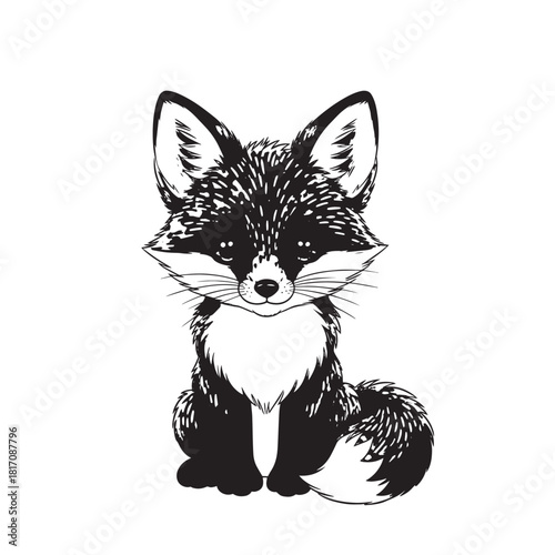 Playful monochrome fox illustration with fluffy tail and perky ears.