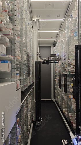 Time-lapse of a robotic pharmacy machine during installation in a hospital setting, surrounded by shelves and clinical interiors, showing automation integration.
