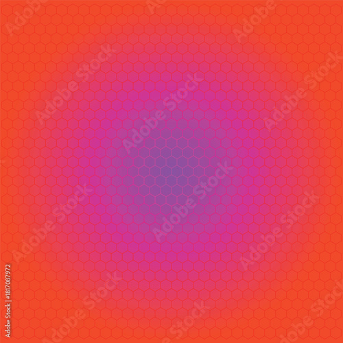 Vibrant hexagonal pattern background with a captivating radial gradient transition from fiery red to deep purple, evoking a modern digital sunburst effect and dynamic energy