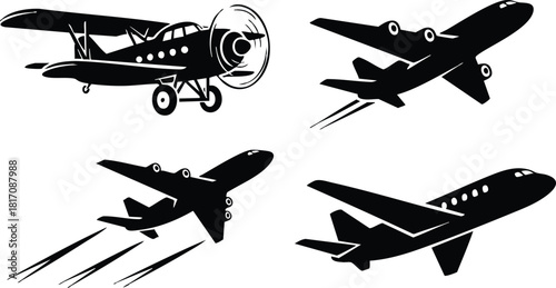 Various aircraft silhouettes including vintage biplane and modern jet plane designs for travel and transportation graphics 