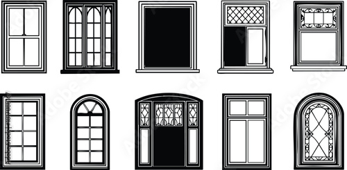 Various window designs showcasing unique styles and shapes in a monochrome vector illustration for decorative purposes 