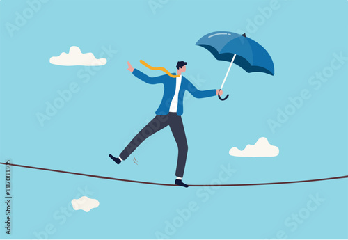 Business or investment risk protection, challenge, danger and difficulty to overcome to success in work and career concept, confident brave businessman ropewalker equilibrium walk on high tight rope.