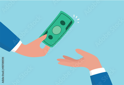 Borrow money from friend, debt and loan, incentive or bonus payment, credit or lending concept, businessman hand giving money banknote to friend's hand.