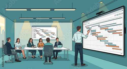 Team Discussing Project Schedule Using Gantt Chart In Boardroom