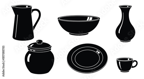 Black silhouette illustration featuring a pitcher bowl vase and other ceramics