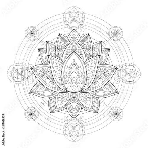 Intricate mandala lotus motif featuring geometric circles and elaborate petals.