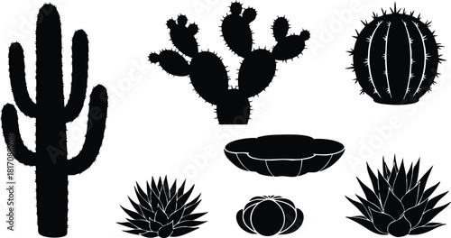 Cactus collection featuring various types of cacti including barrel cactus, prickly pear, and agave in a minimalist black silhouette style 