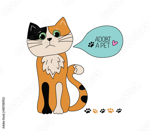 A sad ginger cat. Banner, frame with text, hand-lettered lettering. Adopt a pet. Heart shape, footprints; paw print. Homeless animal adoption concept. Hand-drawn doodle, isolated white background.